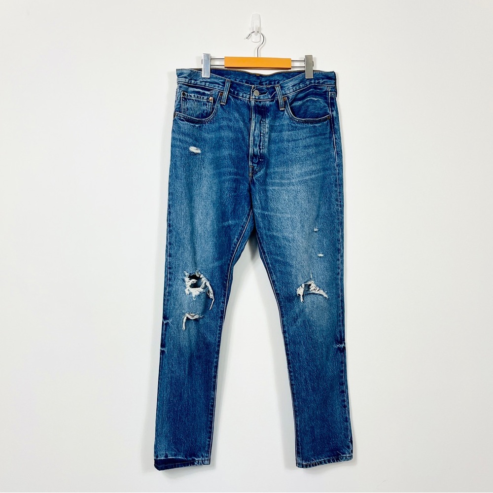 Levi's Blue Denim 501 Distressed Straight Leg Jeans